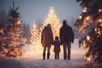 Wall Mural - On a wintry evening, parents and kids in a family create special memories at a classic Christmas market. They savor the magic of the town adorned with twinkling lights.