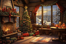 Cozy Christmas Scene With Decorations, A Warming Fireplace And A Christmas Tree, Happy Christmas, Full Of Seasons Greetings