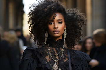 A female model walking down the catwalk at a fashion show. 