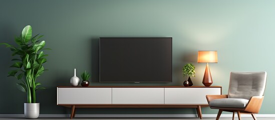 Sticker - modern living room with TV on cabinet armchair lamp table flower and plant on white wall background