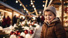 A Smiling Baby Boy Child At A Christmas Market Looking At Christmas Ornaments, Christmas Trees And Lights, Candles, White Christmas Snow Happy Holidays