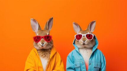 Canvas Print - A couple of rabbits wearing sunglasses on an orange background. Generative AI.