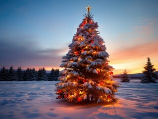 Poster - A christmas tree is lit up in the snow. Generative AI.