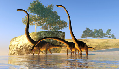 Poster - Omeisaurus Dinosaur Beach - Omeisaurus was a herbivorous sauropod dinosaur that lived in China during the Jurassic Period.