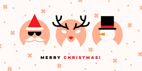 Wall Mural - Christmas card with Santa, deer and snowman icons on white background.