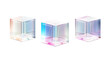 Set of 3d crystal glass cubes with refraction and holographic effect isolated on transparent or white background