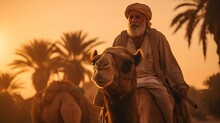 An Elderly Man Riding A Camel, Silhouetted Against An Orange Saharan Sunset. A Bedouin Man Riding A Camel Against The Backdrop Of A Beautiful And Marvelous Surreal Nature Of The Desert. Generative AI
