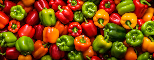 Poster - Many fresh bell pepper vegetables mixed colours, top down view to large heap. Generative AI