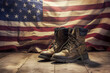 Conceptual image of Veteran's Day. Military boots and an American Flag reminiscent of veterans. Patriots, Military Service and Honoring Veterans, Sacrifice and Remembrance, Parade, Holiday Concept.