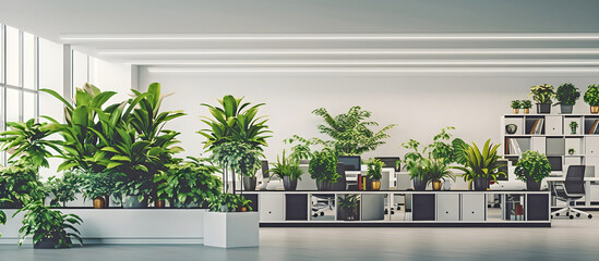 Panorama modern office with plants. AI generated.