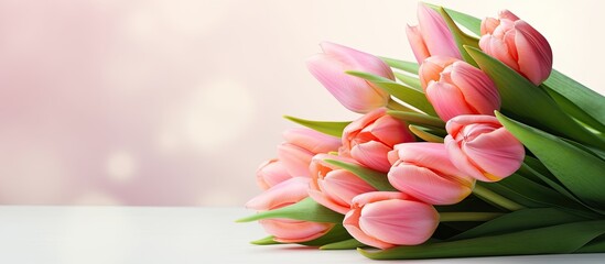 Poster - Closeup of a lovely bouquet of tulips with a Happy Birthday card on a light background