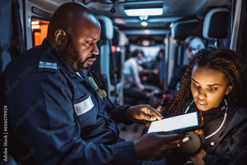 Paramedic Using Technology African american EMS professional paramedic using electronic tablet for ...