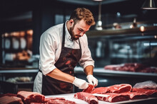 Handsome butcher working in the modern meat shop, focusing on preparing meat for buyers, fresh slices of meat for sale