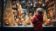 A smiling baby boy child at a Christmas market looking at christmas ornaments, christmas trees and lights, candles, white christmas snow happy holidays