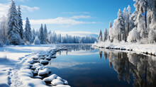 A Calm River Reflecting The Blue Sky And Snow-covered Trees Runs Through A Serene Winter Landscape With A Snow-covered Riverbank And Protruding Rocks.
