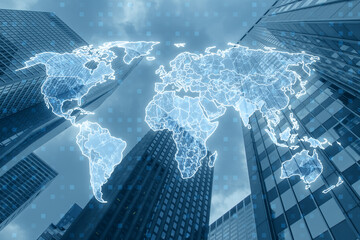 Poster - Creative glowing polygonal map hologram on blurry city background. Global community and network concept. Double exposure.