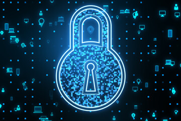 Poster - Creative digital padlock hologram and pixel icons on blurry blue background. Secure, safety and technology concept. 3D Rendering.