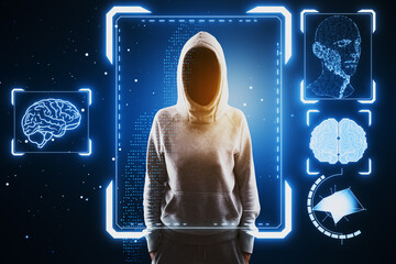 Wall Mural - Hacker in hoodie with face recognition hologram on blurry blue background. Face ID and password concept.