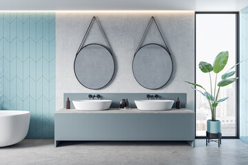 Poster - New blue hotel style bathroom interior. 3D Rendering.