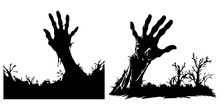 Hands Of A Zombie In Silhouette. Vector Illustration Set Of Creepy And Crooked Lambs Of A Zombie Sticking Out From Graveyard Ground. Halloween Zombie Hands