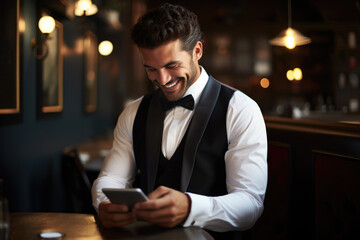 Man dressed in tuxedo is seen looking at his cell phone. This image can be used to depict modern technology and communication in formal settings.