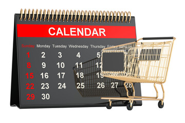 Poster - Shopping cart with desk calendar. Black Friday concept. 3D rendering isolated on transparent background