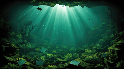 Wall Mural - The underwater world with books and plants, AI