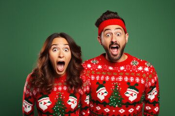 Christmas portrait of surprised couple wearing red ugly knitted sweaters.