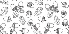 Christmas Acorn Vector Seamless Pattern, Oak Leaf, Nut And Branch, Black Outline Silhouette Isolated On White Background. Nature Simple Print