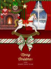 Wall Mural - christmas card with christmas tree, fireplace and rocking horse