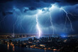 Lightning thunderstorm flash over the city at night sky. Generative AI