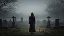 Back View Of A Lone Woman In The Middle Of A Cemetery And Tombstones. Overcast, Dark, Scary Creepy Atmosphere.