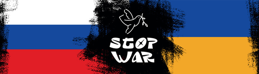 Stop war. Vector horizontal banner with Russia and Ukraine flag. White dove icon. Symbol of peace. Black brush stroke. Armed conflict. Invasion. White, blue, yellow, red stripe. Antiwar poster. Gun