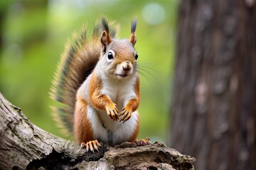 Poster - Closeup of an adorable red squirrel in its natural woodland habitat, curiously perched on a tree branch, with fluffy fur and bushy tail.
