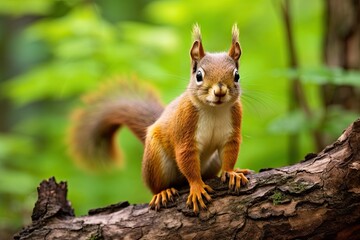 Poster - Closeup of an adorable red squirrel in its natural woodland habitat, curiously perched on a tree branch, with fluffy fur and bushy tail.