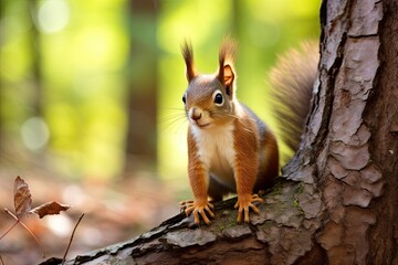 Poster - Closeup of an adorable red squirrel in its natural woodland habitat, curiously perched on a tree branch, with fluffy fur and bushy tail.