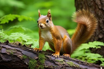 Poster - Closeup of an adorable red squirrel in its natural woodland habitat, curiously perched on a tree branch, with fluffy fur and bushy tail.