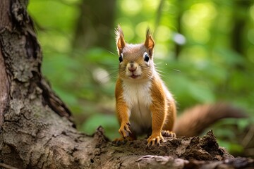 Poster - Closeup of an adorable red squirrel in its natural woodland habitat, curiously perched on a tree branch, with fluffy fur and bushy tail.
