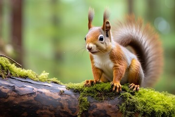 Poster - Closeup of an adorable red squirrel in its natural woodland habitat, curiously perched on a tree branch, with fluffy fur and bushy tail.