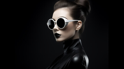  a striking image that blends elements of retro and futuristic fashion. The focal point is a stylish woman exuding confidence and a unique sense of style. She wears chic black sunglasses that are both 