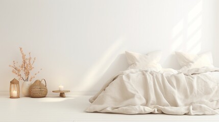 Wall Mural - Light, cute and cozy home bedroom interior with unmade bed, cream linen sheets and cushions on empty white wall background.