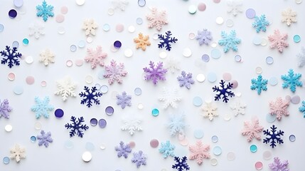 Wall Mural - Colorful shiny snowflakes, minimal flat lay pattern background.