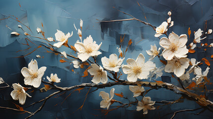 abstract painted white flowers with gold and dark blue moody background