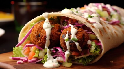 A vibrant and colorful closeup of a falafel wrap, exhibiting the medley of flavors from tangy pickles, creamy tahini sauce, and a burst of zesty lemon juice, all adding complexity to the