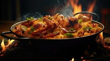 Vibrant shot of a lipsmacking chicken tikka biryani, capturing juicy pieces of charred tandoori chicken mixed with flavorful rice, amplified by the garnish of crisp fried onions and slivered
