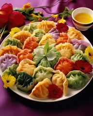 a mouthwatering photograph showcasing a delightful array of vibrant vegetable dumplings, each delica