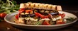 © Justlight - An appetizing photograph capturing a delightful vegetarian rendition of the Club Sandwich, showcasing layers of grilled eggplant, roasted red bell peppers, creamy mozzarella cheese, and