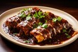 © Justlight - An appetizing snapshot of chicken enchiladas in mole sauce, showcasing tortillas filled with tender chicken , covered in a rich and velvety mole sauce made with a blend of dark chocolate,