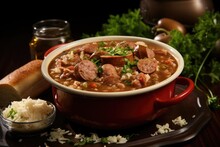 A Meat Lovers Delight, This Gumbo Showcases An Indulgent Blend Of Juicy Slices Of Smoked Sausage, Hearty Pieces Of Tender Chicken, And Meltinyourmouth Cubes Of Beef. The Robust Broth, Simmered