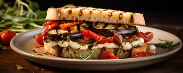 An appetizing photograph capturing a delightful vegetarian rendition of the Club Sandwich, showcasing layers of grilled eggplant, roasted red bell peppers, creamy mozzarella cheese, and